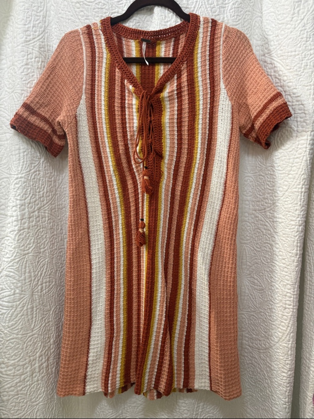 Free People Striped Tie-Front Midi Dress in Rust, Cream, Yellow, Brown